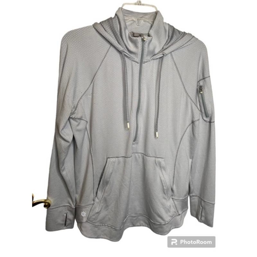 Athleta Large 3/4 Quarter Zip Hooded Long Sleeve Running Pullover Top Thumbholes